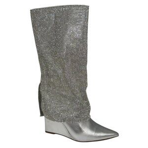 Steve Madden Riski Metallic Leather Rhinestone Foldover Tall Wedge Boots NEW
